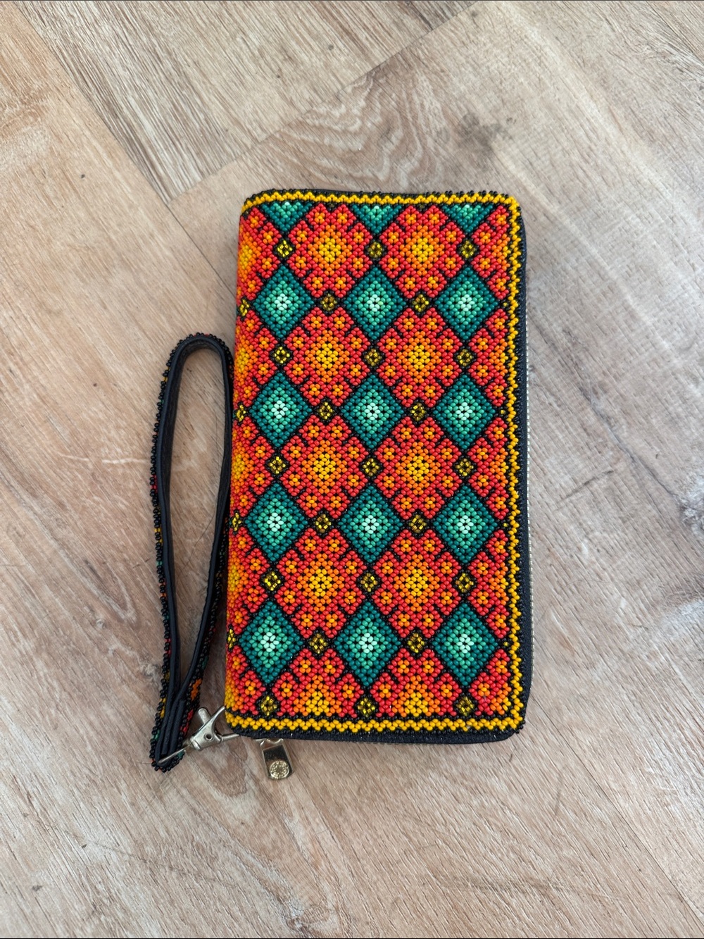 Hand-Beaded Wristlet Clutch in Red, Orange & Teal
